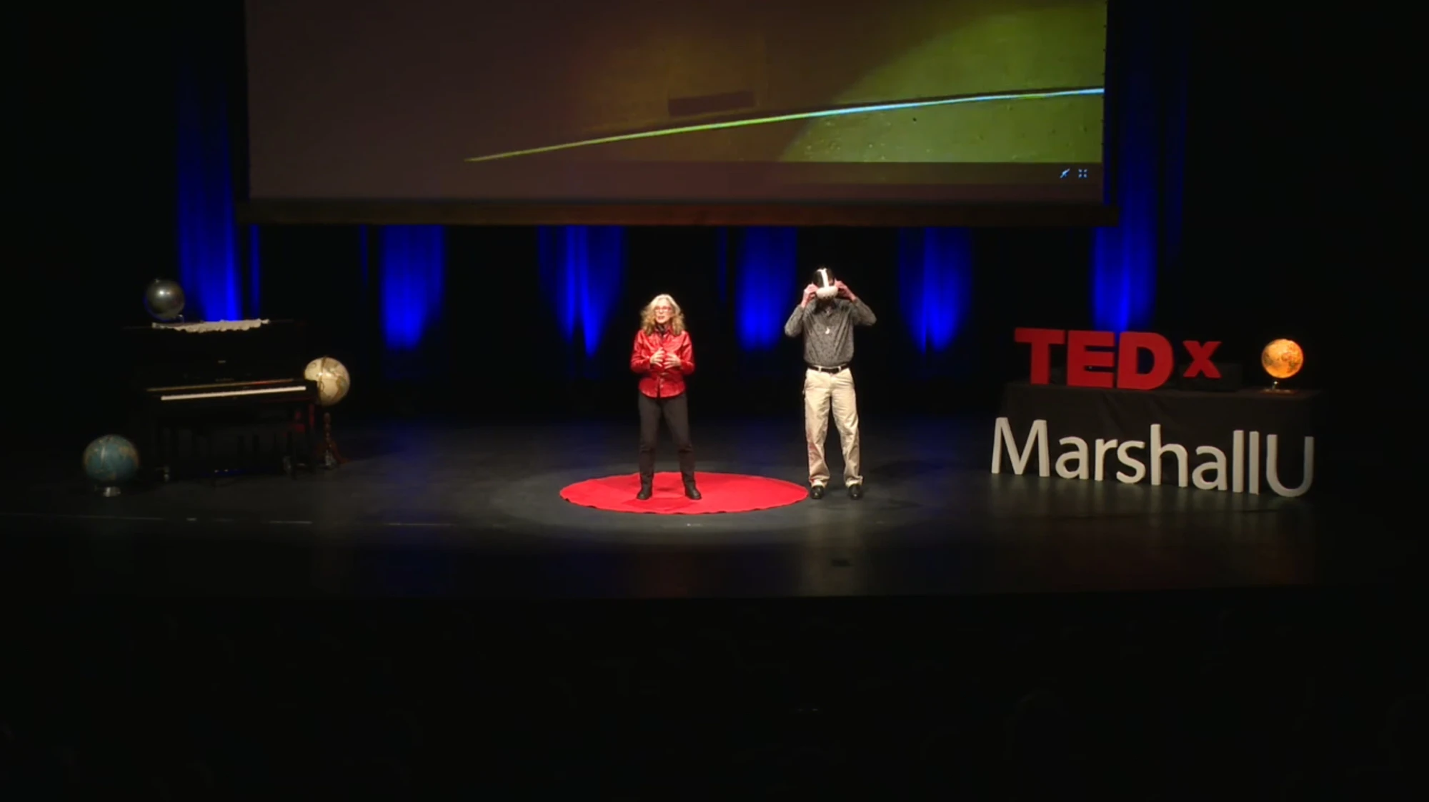 Dene Grigar and Andrew Thompson demoing The NEXT's VR Visualizations Space